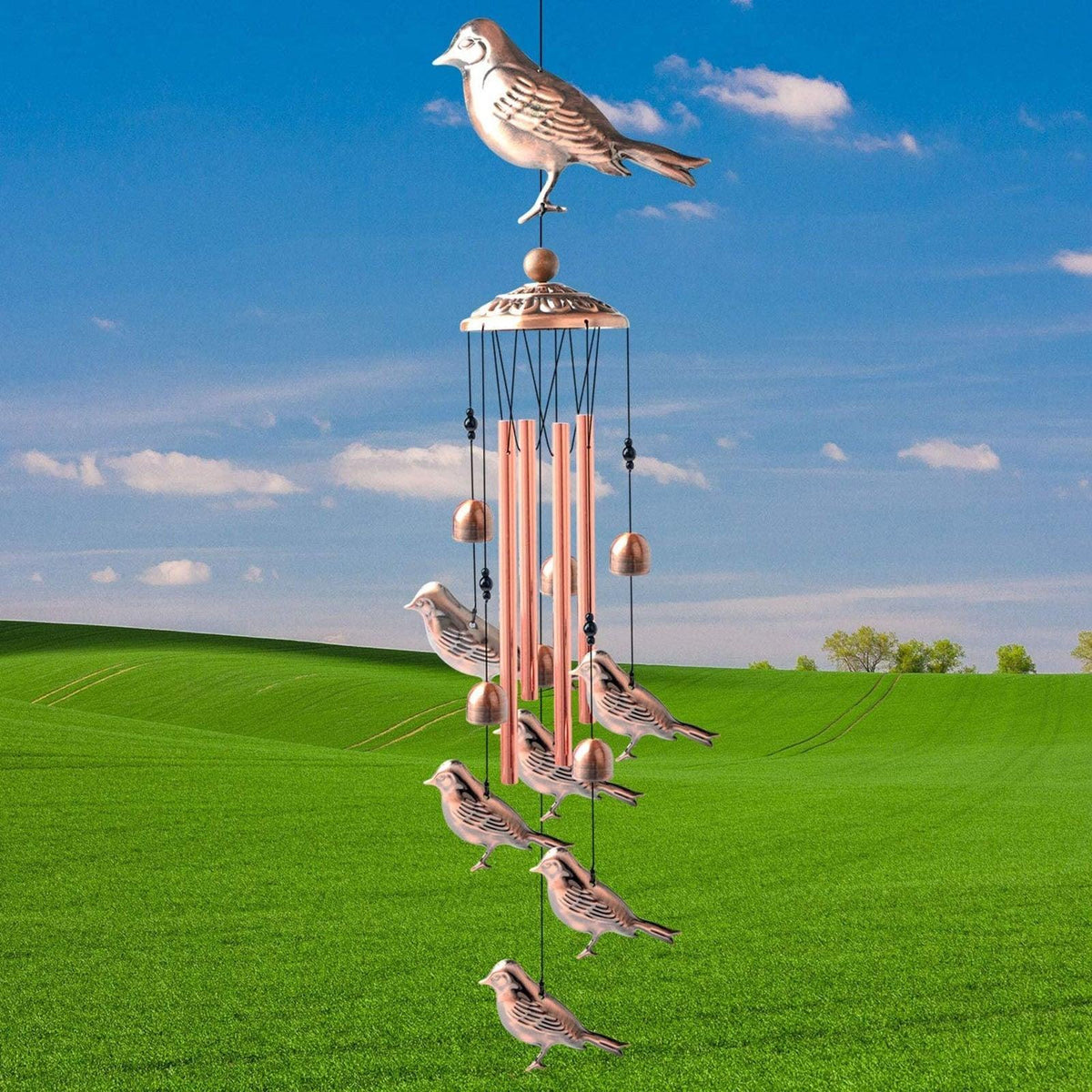 Copper wind chimes outdoor classic memorial wind chime by Stevvex with bird ornaments on Tampa Home & Garden Store