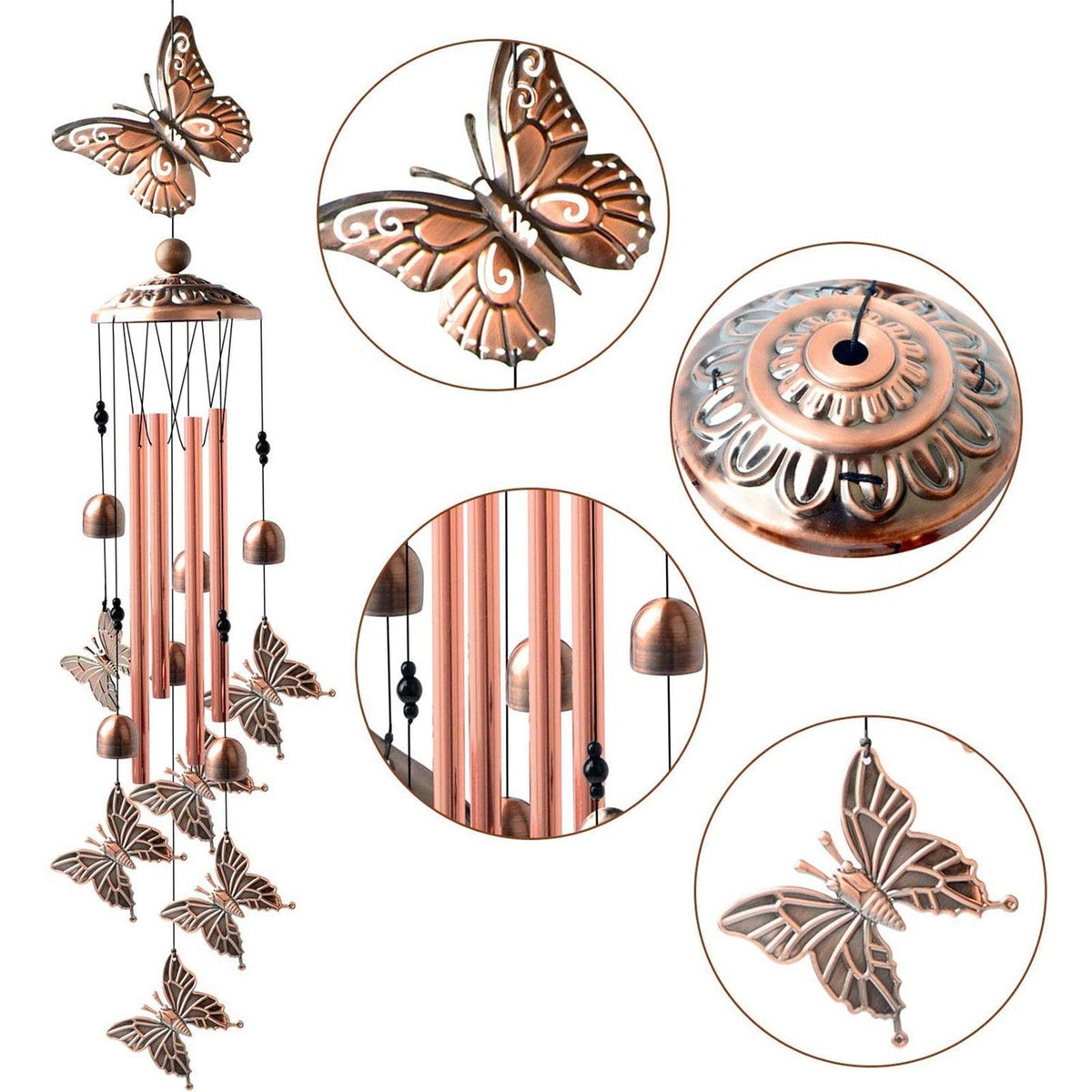 Copper wind chimes by Stevvex with butterfly finials and hanging beads for garden decor on Tampa Home & Garden Store
