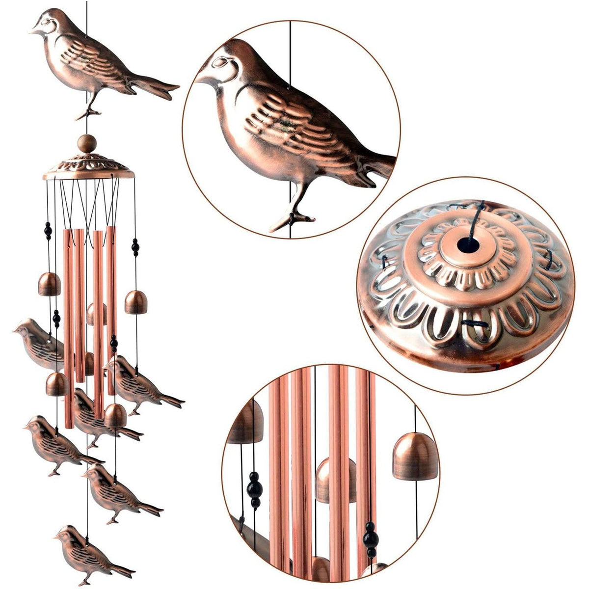 Copper wind chimes outdoor with bird motifs by Stevvex memorial garden decor on Tampa Home & Garden Store