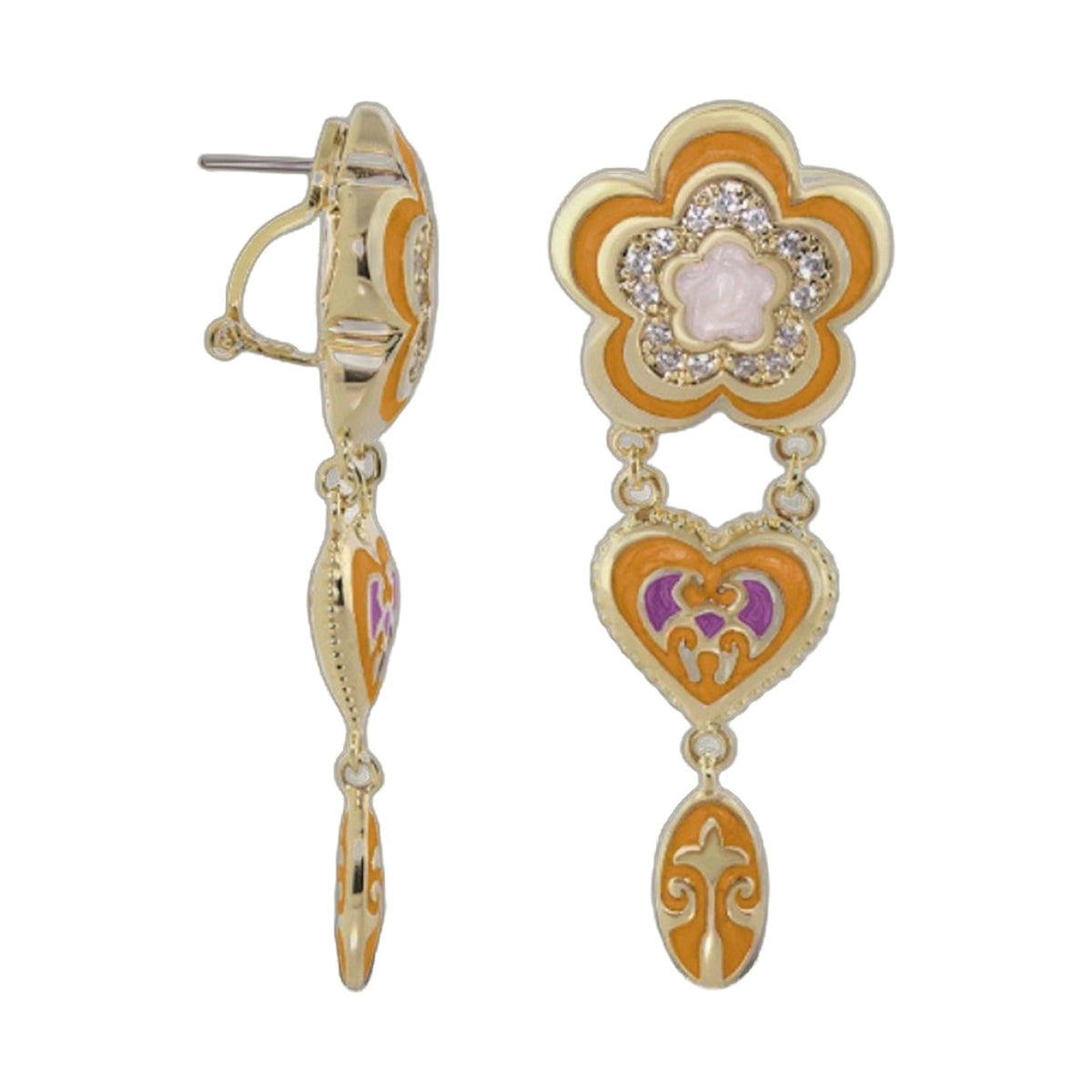 Bows And Hearts earrings by Lauren G Adams, gold-tone flower enamel with crystals on Tampa Home & Garden Store