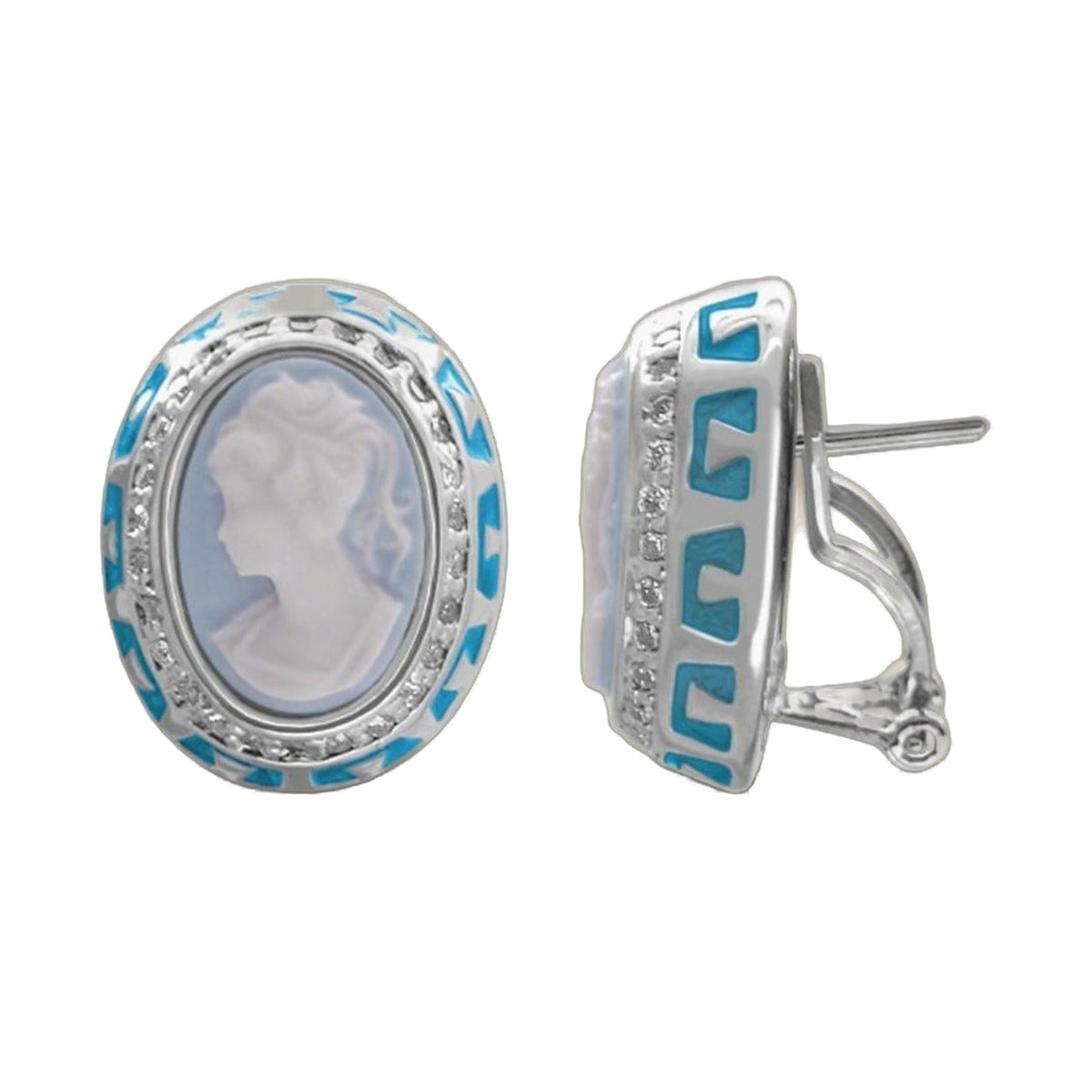Cameo Rome button earrings, silver-tone with blue enamel accents, Lauren G Adams, 2 earrings on Tampa Home & Garden Store