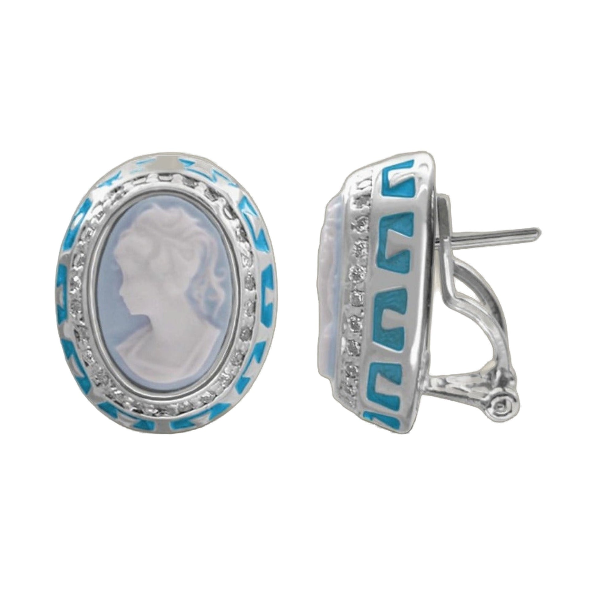 Cameo Rome button earrings, silver-tone with blue enamel accents, Lauren G Adams, 2 earrings on Tampa Home & Garden Store