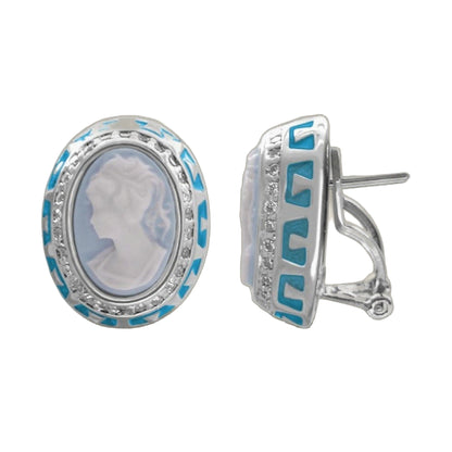 Cameo Rome button earrings, silver-tone with blue enamel accents, Lauren G Adams, 2 earrings on Tampa Home & Garden Store
