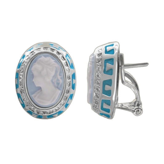 Cameo Rome button earrings, silver-tone with blue enamel accents, Lauren G Adams, 2 earrings on Tampa Home & Garden Store