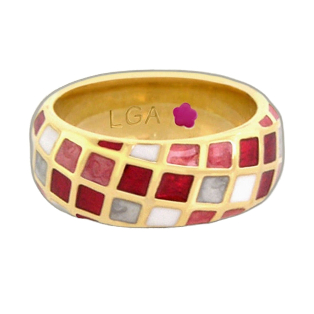 Checker Chic ring band gold-tone with red mosaic tiles LGA engraving inside on Tampa Home & Garden Store