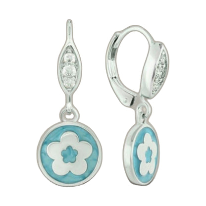 Eau Enamel Flower Earrings dangle turquoise drops with white flower motif by Lauren G Adams on Tampa Home & Garden Store
