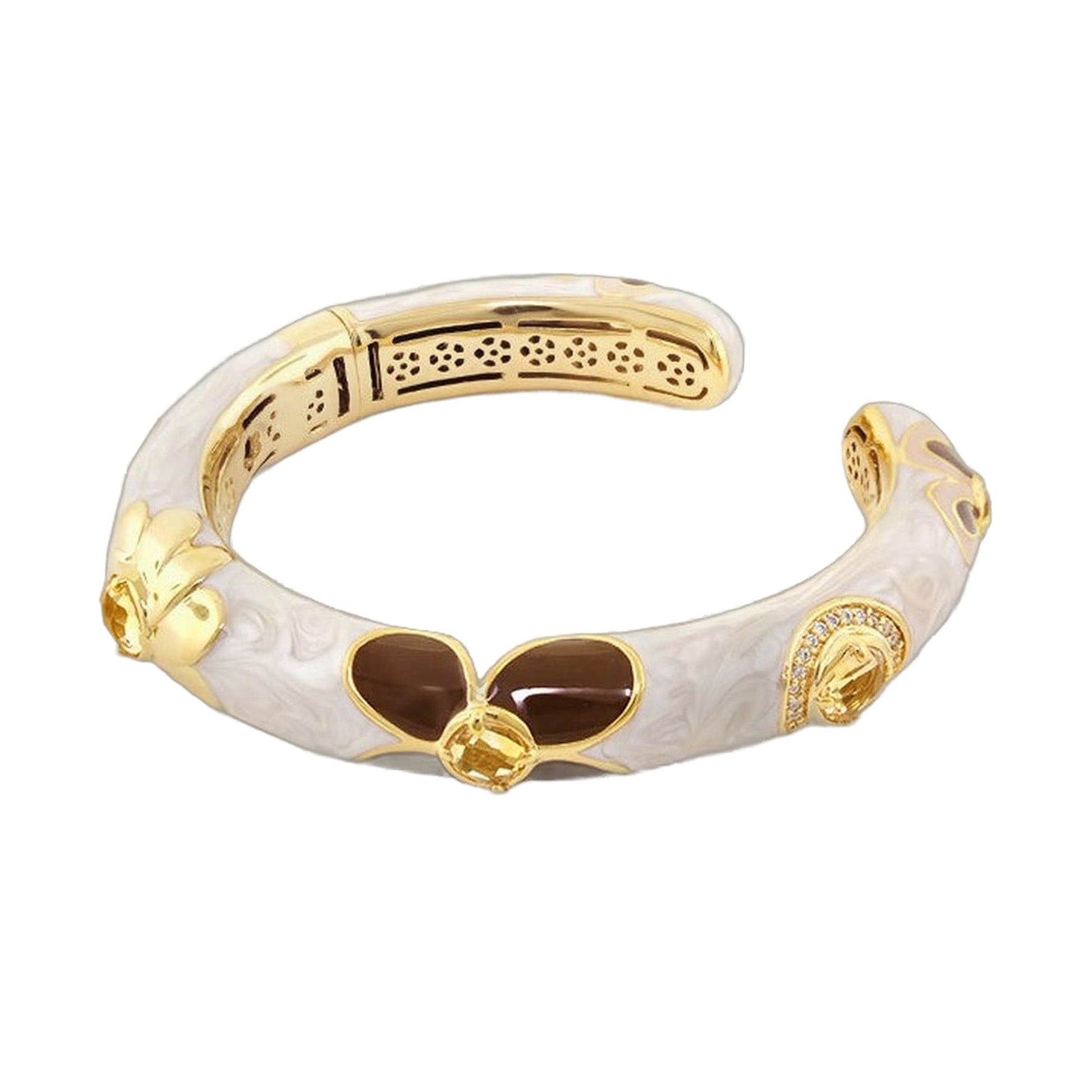Falling Flowers bangle by Lauren G Adams, gold-tone hinged bracelet with white marbled band on Tampa Home & Garden Store