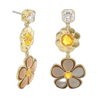 Falling Flowers Long Earrings pair in gold-tone with flower charms and yellow stones on Tampa Home & Garden Store