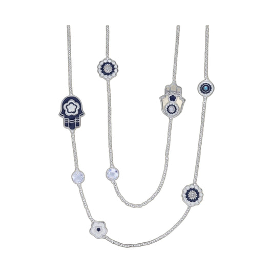 Lucky Hamsa Necklace set of four with blue enamel Hamsa and floral pendants on silver chains by Lauren G Adams on Tampa Home & Garden Store