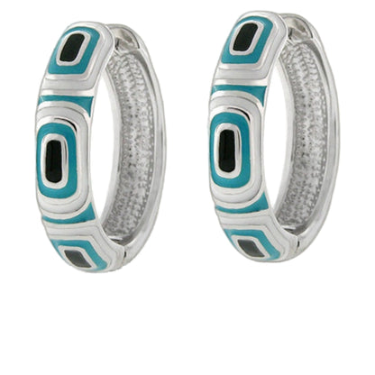 Modern Art Earring enamel hoop pair by Lauren G Adams teal-black geometric inlays on silver on Tampa Home & Garden Store