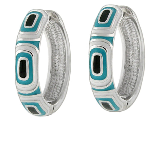 Modern Art Earring enamel hoop pair by Lauren G Adams teal-black geometric inlays on silver on Tampa Home & Garden Store