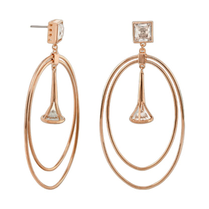 Orbital pair of rose-gold earrings with square crystal stud and dangling hoops on Tampa Home & Garden Store