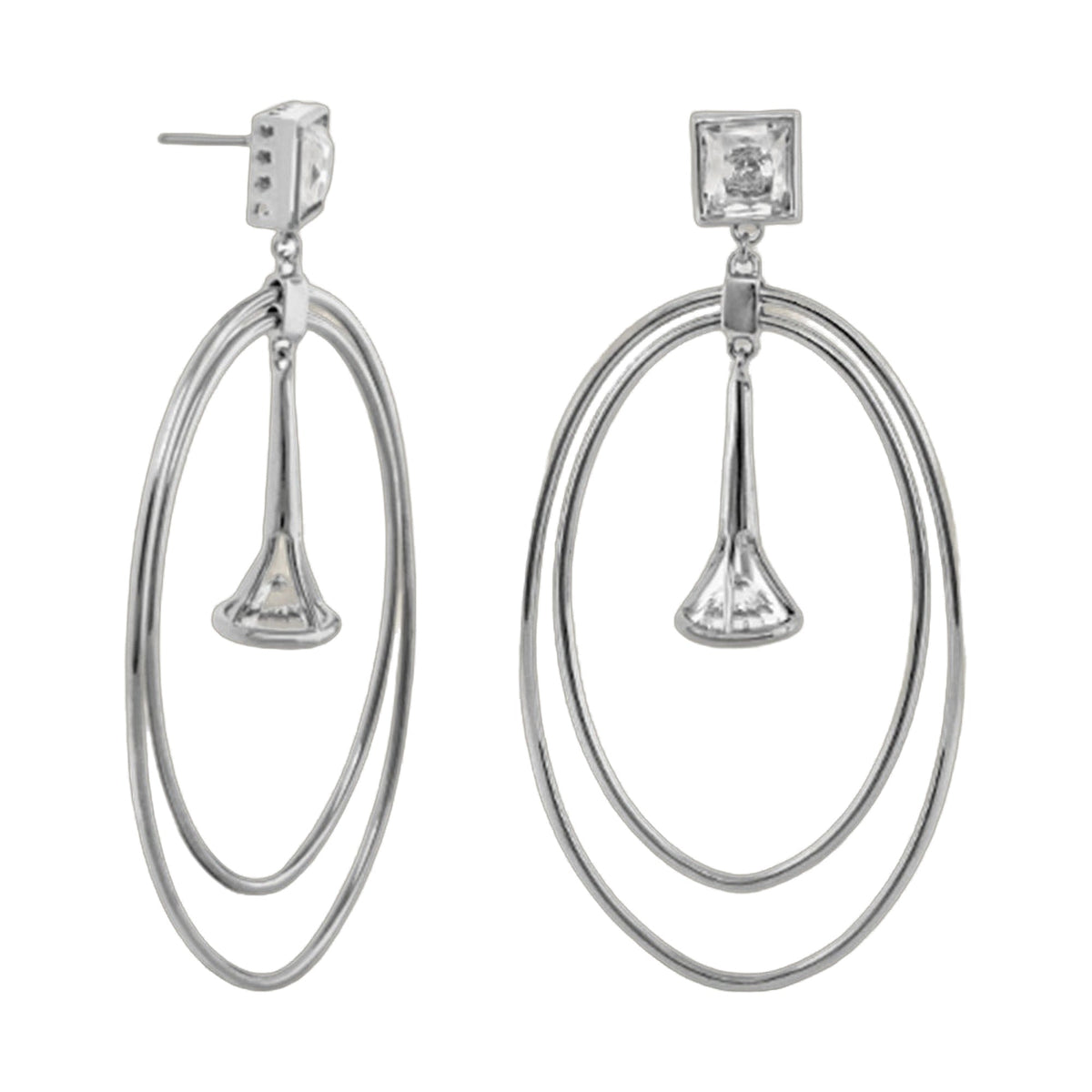 Orbital earrings, pair of silver-tone hoops with square crystal top studs on Tampa Home & Garden Store