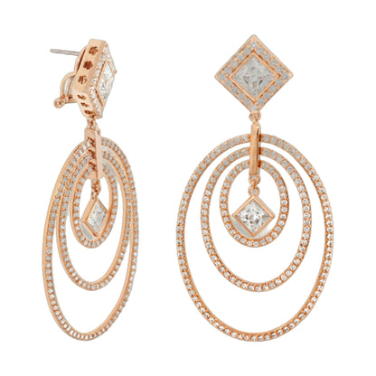 Pair of Orbital earrings by Lauren G Adams, rose gold with square pave-diamond motif and ringed hoops on Tampa Home & Garden Store