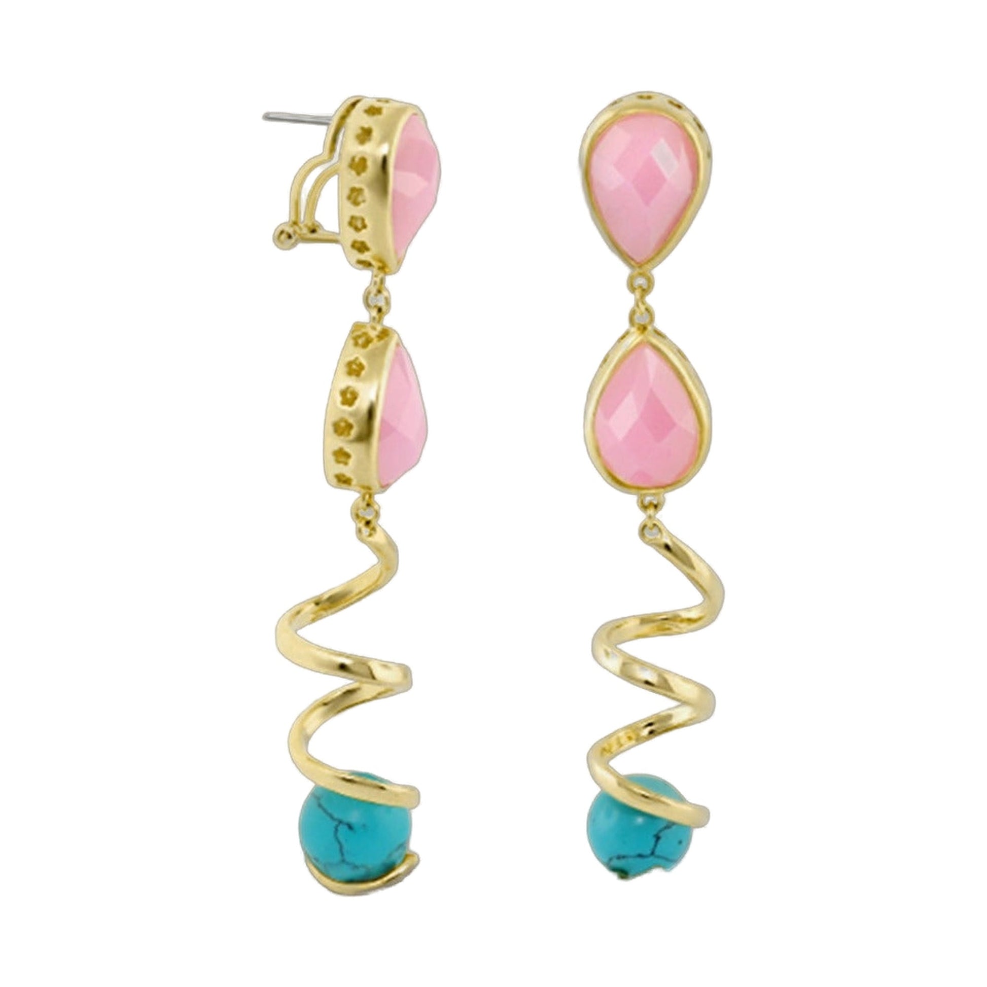 Orbital Pink & Turquoise Spiral Drop earrings pair gold-tone with pink drops by Lauren G Adams on Tampa Home & Garden Store