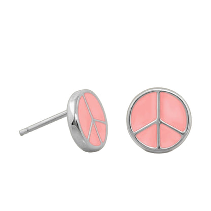 Peaceful Kids Earrings pink enamel peace sign round studs with silver frame for girls on Tampa Home & Garden Store
