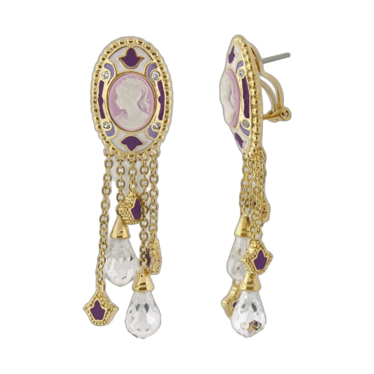 Cameo Rome earrings pair by Lauren G Adams, with purple enamel and pink cameo, crystal drops on Tampa Home & Garden Store