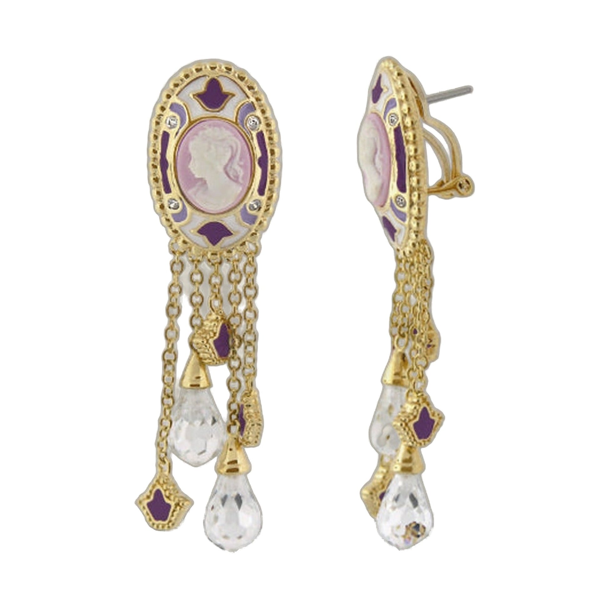 Cameo Rome earrings pair by Lauren G Adams, with purple enamel and pink cameo, crystal drops on Tampa Home & Garden Store