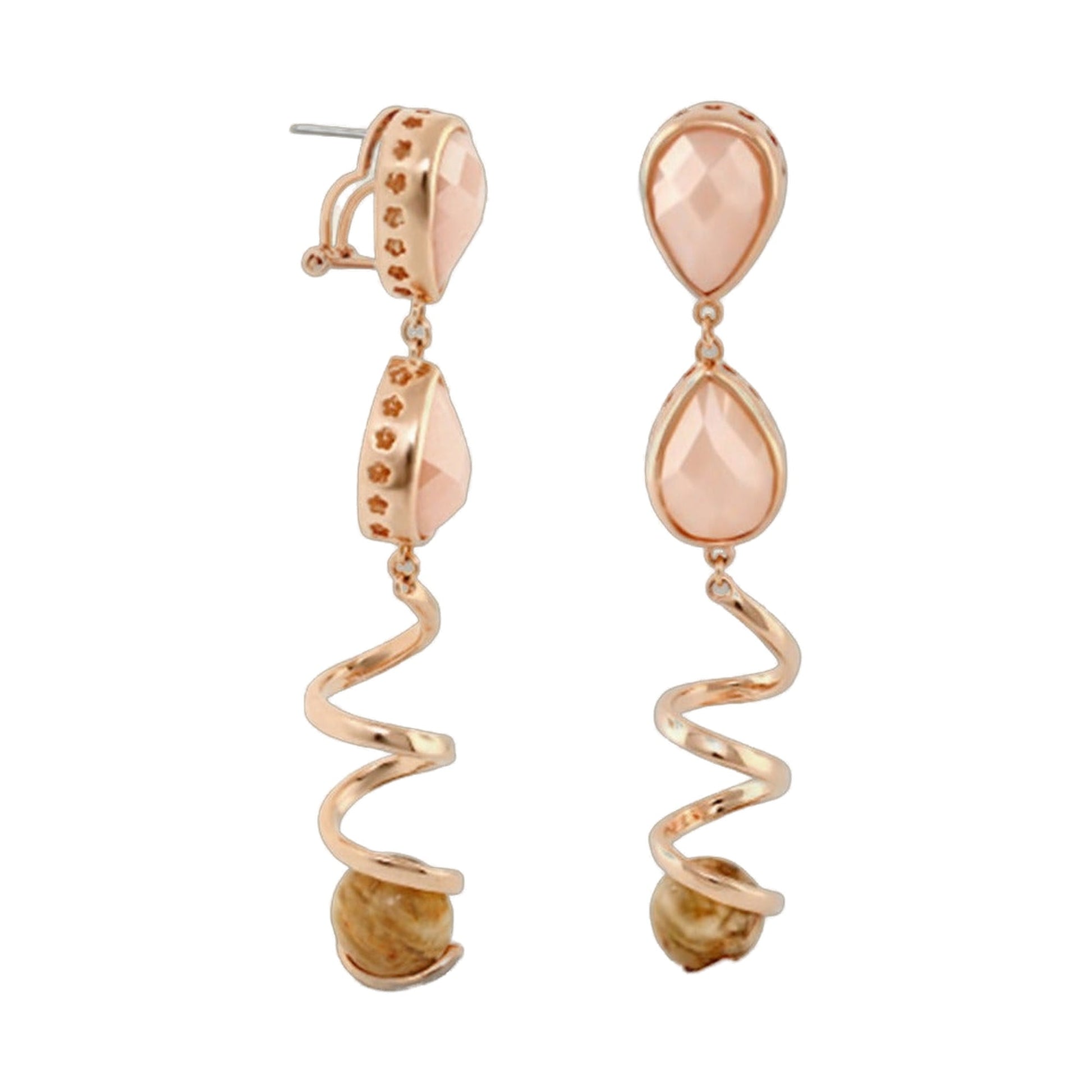 Orbital Champagne Spiral Drop earrings, rose-gold tone with faceted teardrop drops, pair on Tampa Home & Garden Store