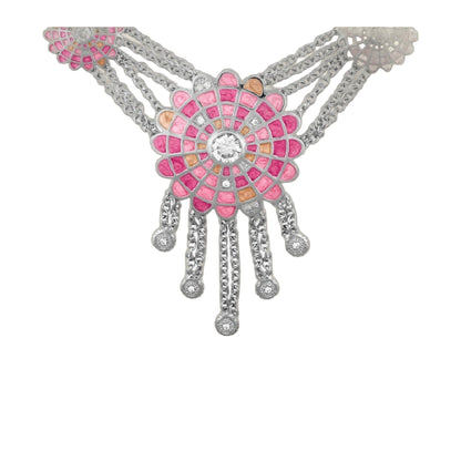 Sundial Necklace Enamel pink mosaic sunburst centerpiece on silver chains by Lauren G Adams on Tampa Home & Garden Store