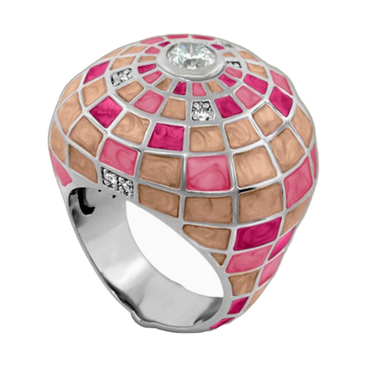 Sundial ring by Lauren G Adams, mosaic pink peach tile dome with clear gemstone, silver band on Tampa Home & Garden Store