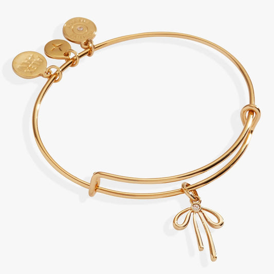 Bow Charm Bangle by Alex and Ani, gold-tone bracelet with disk charms and crystal accent on Tampa Home & Garden Store
