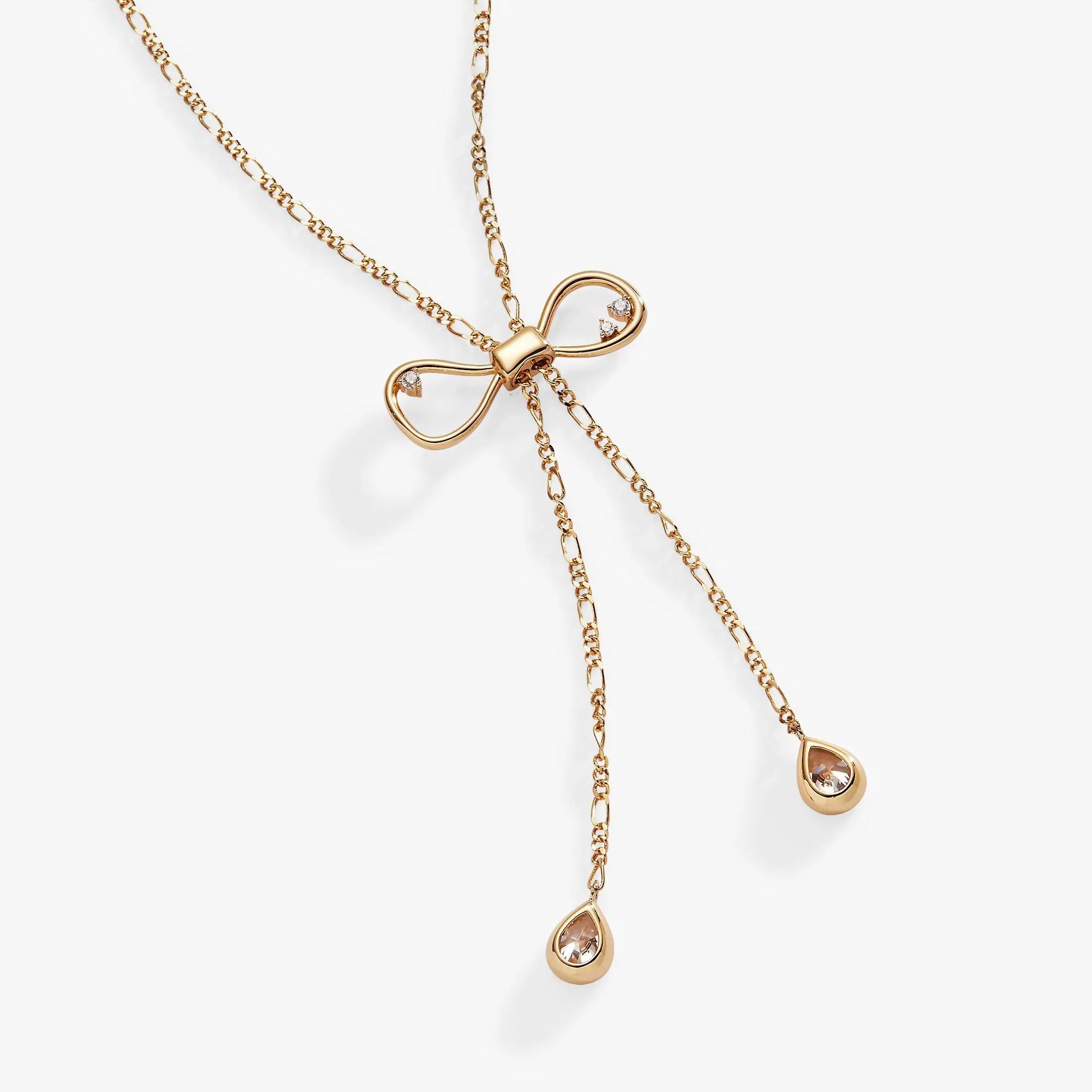 Coquette Bow Necklace by ALEX AND ANI, gold-tone chain with a bow pendant and crystal teardrop on Tampa Home & Garden Store