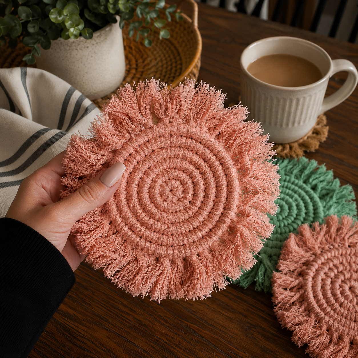 Sous-verres tressés à pompons pastel