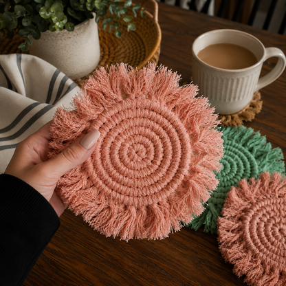 Sous-verres tressés à pompons pastel