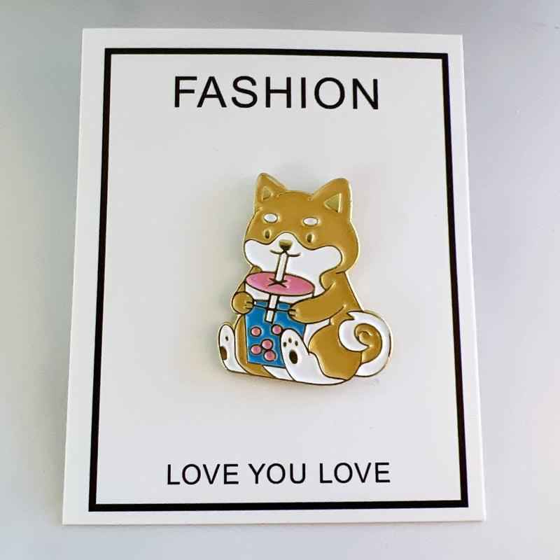 Corgi Drinking Boba enamel pin by Shaketea on white fashion card, colorful dog brooch on Tampa Home & Garden Store