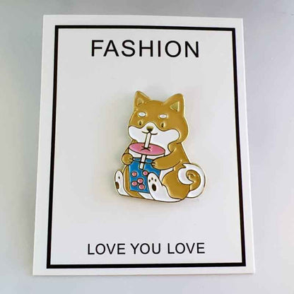 Corgi Drinking Boba enamel pin by Shaketea on white fashion card, colorful dog brooch on Tampa Home & Garden Store