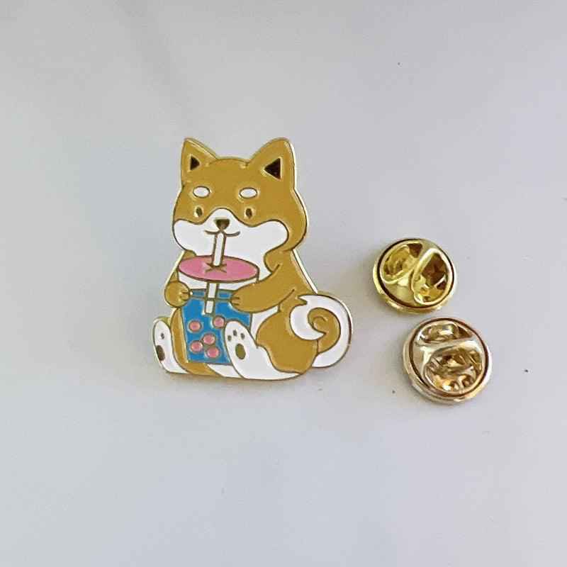 Corgi Drinking Boba Enamel Pin, by Shaketea, gold-tone dog brooch with bubble tea cup on Tampa Home & Garden Store