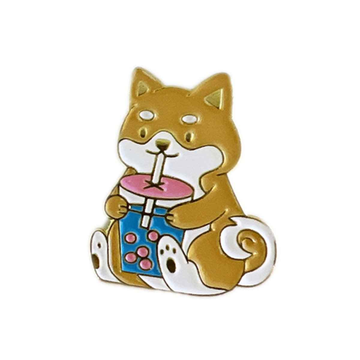 Corgi Drinking Boba Enamel Pin by Shaketea, yellow-brown dog brooch with pink bubble tea on Tampa Home & Garden Store