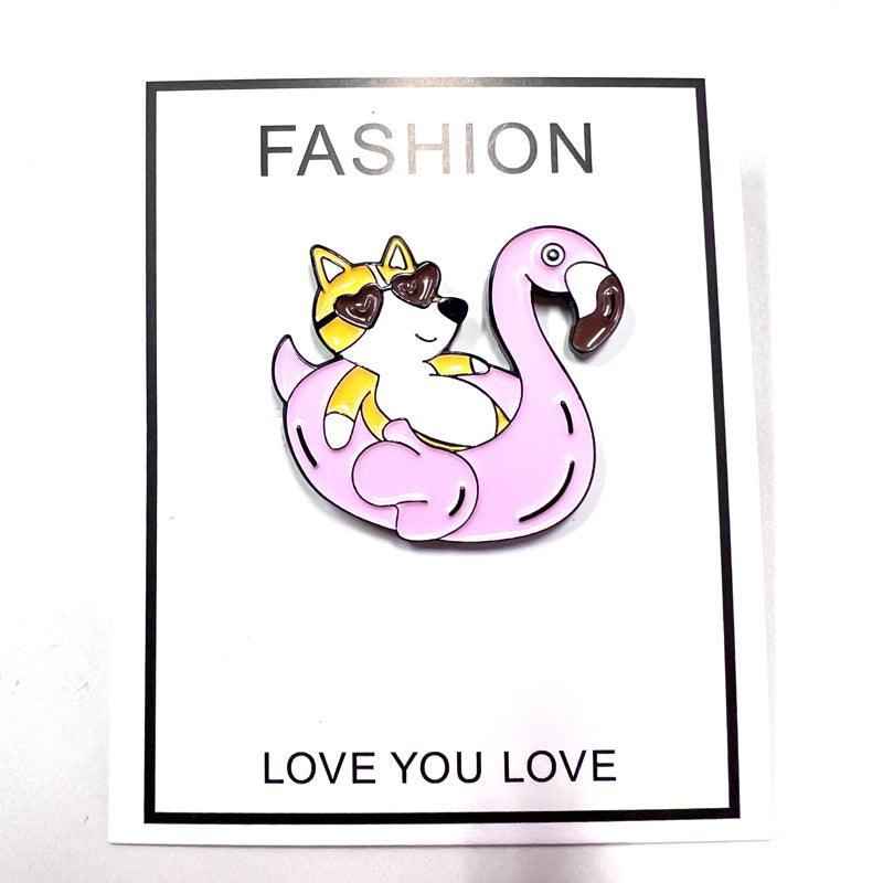 Corgi on pink flamingo floatie enamel pin, dog lover brooch on fashion card on Tampa Home & Garden Store