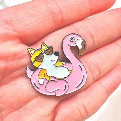 Corgi Flamingo Floatie Pin enamel dog brooch pink flamingo float corgi wearing sunglasses on Tampa Home & Garden Store