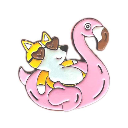Corgi Flamingo Floatie Pin by Shaketea, enamel dog pin with heart sunglasses on flamingo float on Tampa Home & Garden Store