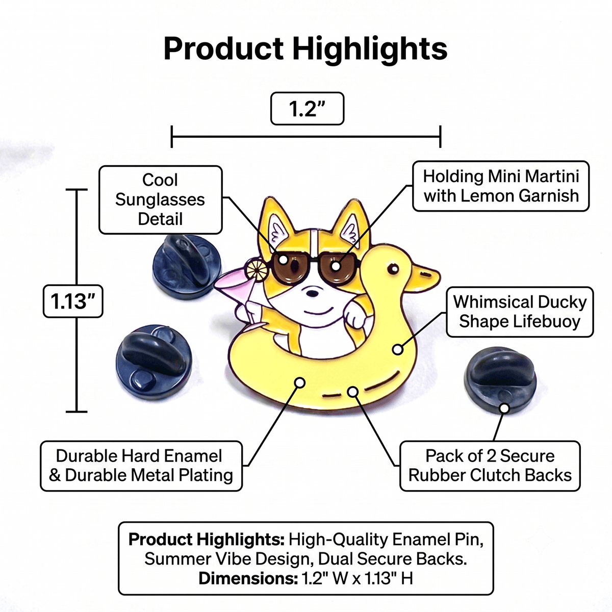 Shaketea Corgi Floaty enamel pin featuring a yellow corgi with sunglasses on a life ring on Tampa Home & Garden Store