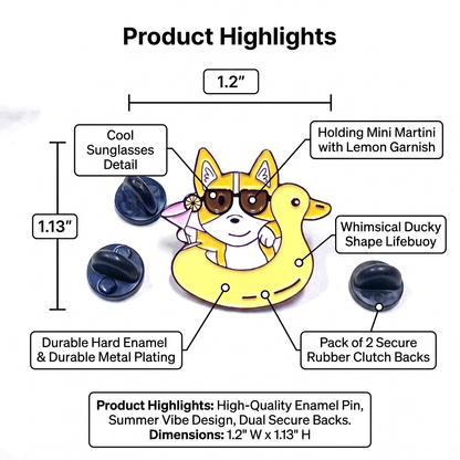 Shaketea Corgi Floaty enamel pin featuring a yellow corgi with sunglasses on a life ring on Tampa Home & Garden Store