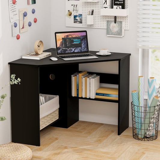 Corner Computer Desk with Storage Shelf Triangle Design black with laptop on top and storage shelf beneath on Tampa Home & Garden Store