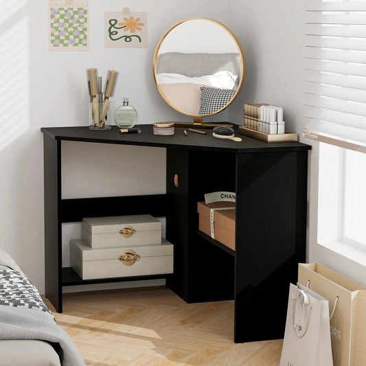 Corner desk with storage shelf triangle design in black by DirectDeals, round gold mirror atop on Tampa Home & Garden Store