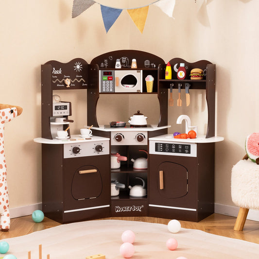 Corner Wooden Play Kitchen with Coffee Machine and Slide for Kids - Tampa Home & Garden Store