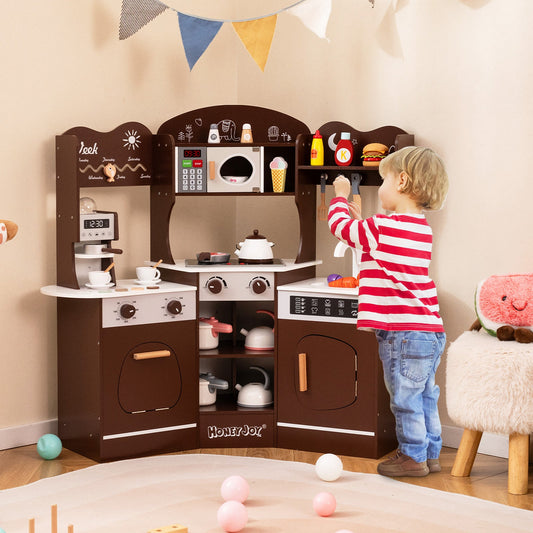 Corner Wooden Play Kitchen with Coffee Machine and Slide for Kids - Tampa Home & Garden Store