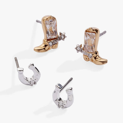 Cosmic Cowgirl Earring Stud Set of 2 gold-tone boots with rectangular crystal by Alex and Ani on Tampa Home & Garden Store