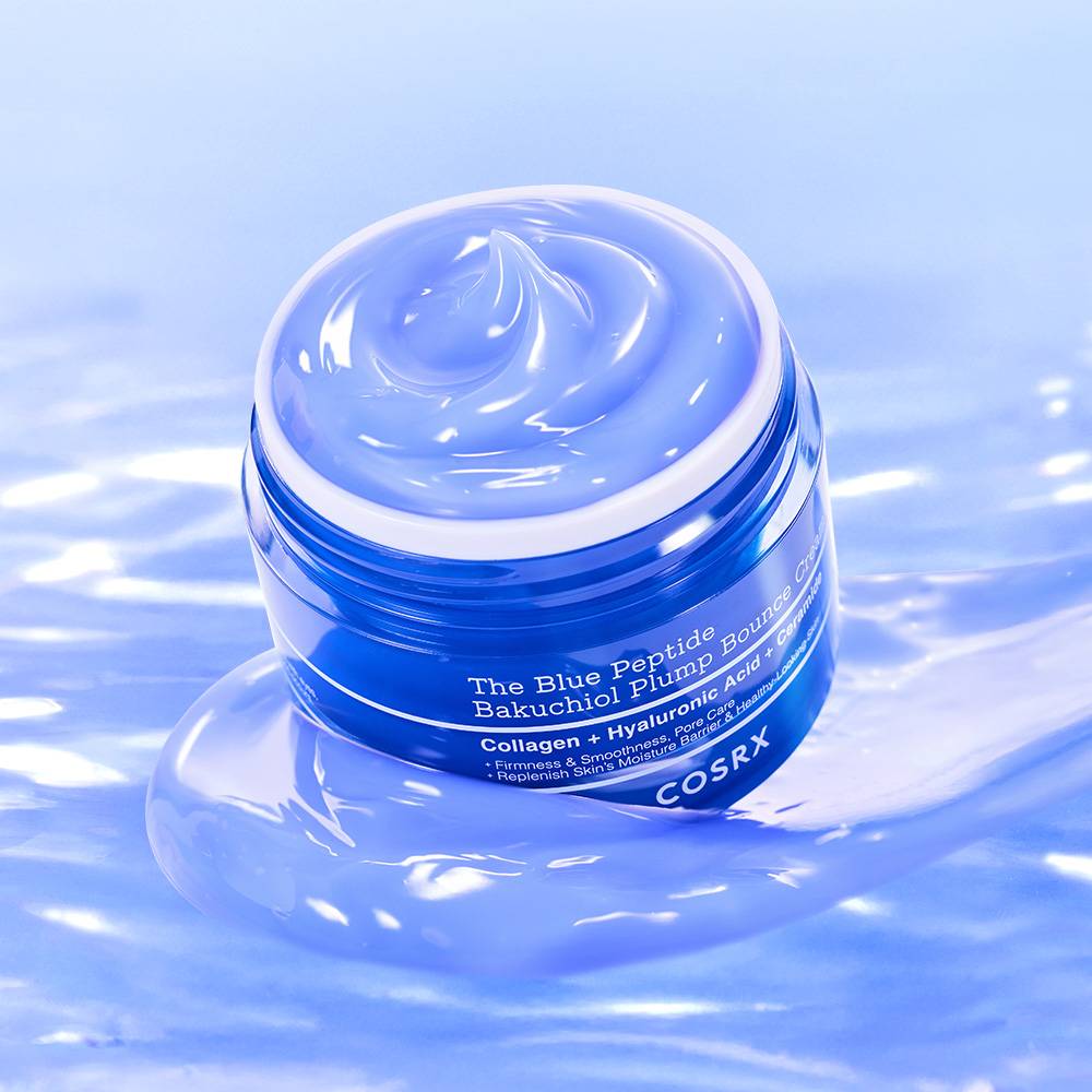 Cream COSRX Blue Peptide Bakuchiol Plump Bounce Cream 50g in a blue jar with swirled cream on Tampa Home & Garden Store