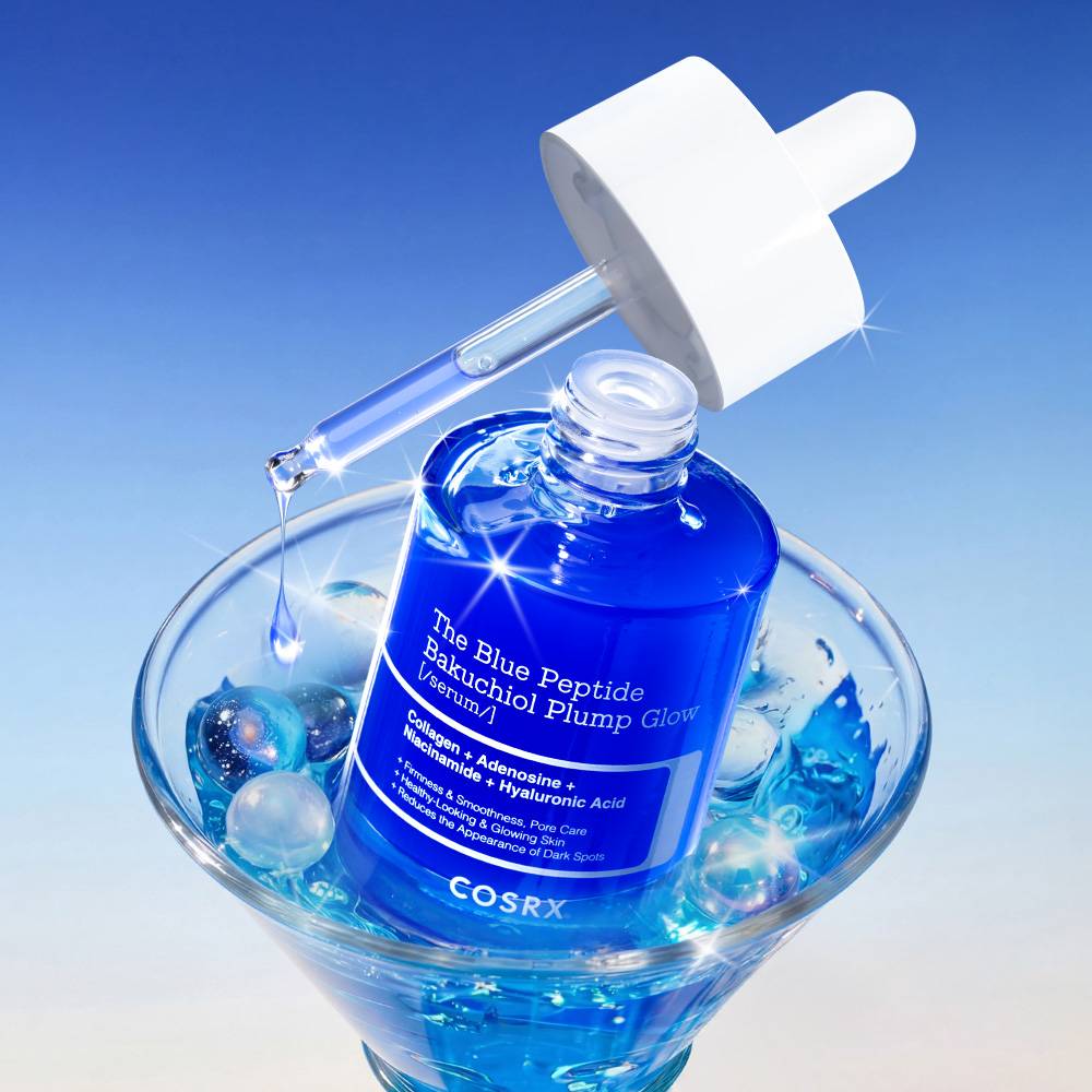 COSRX The Blue Peptide Bakuchiol Plump Glow Serum 50ml in a blue glass bottle with dropper on Tampa Home & Garden Store