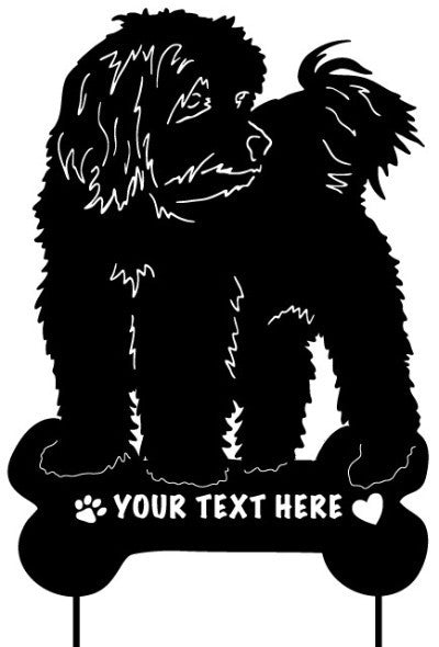 Coton de Tulear garden stake silhouette with bone base and customizable text on Tampa Home & Garden Store