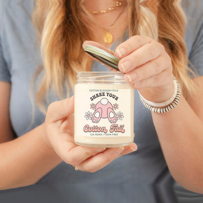 Cotton Blossom Candle by Gia Roma in a clear glass jar with white wax and pink bunny label on Tampa Home & Garden Store