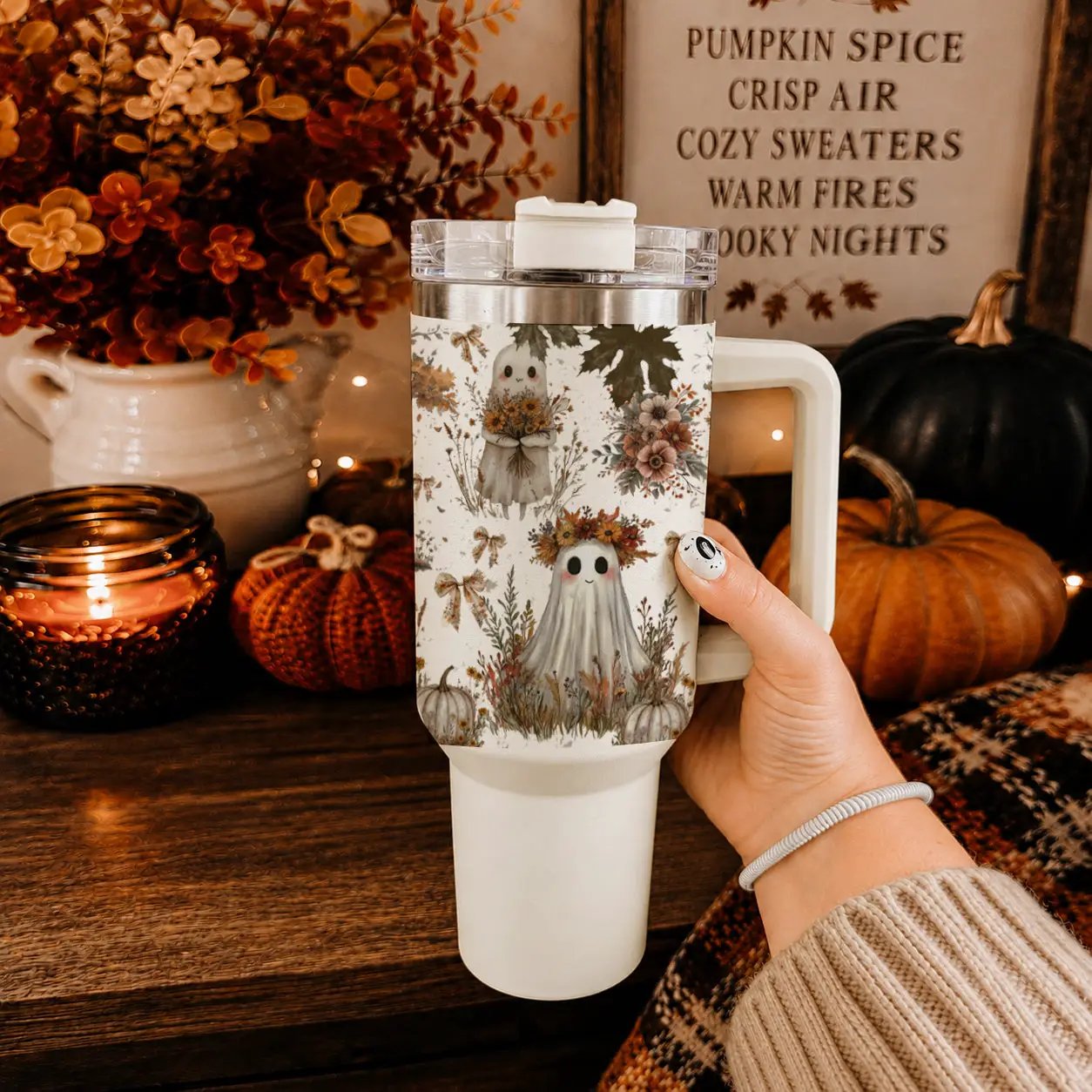 Boho Spooks 40oz Tumbler for Fall Ghosts and Bows