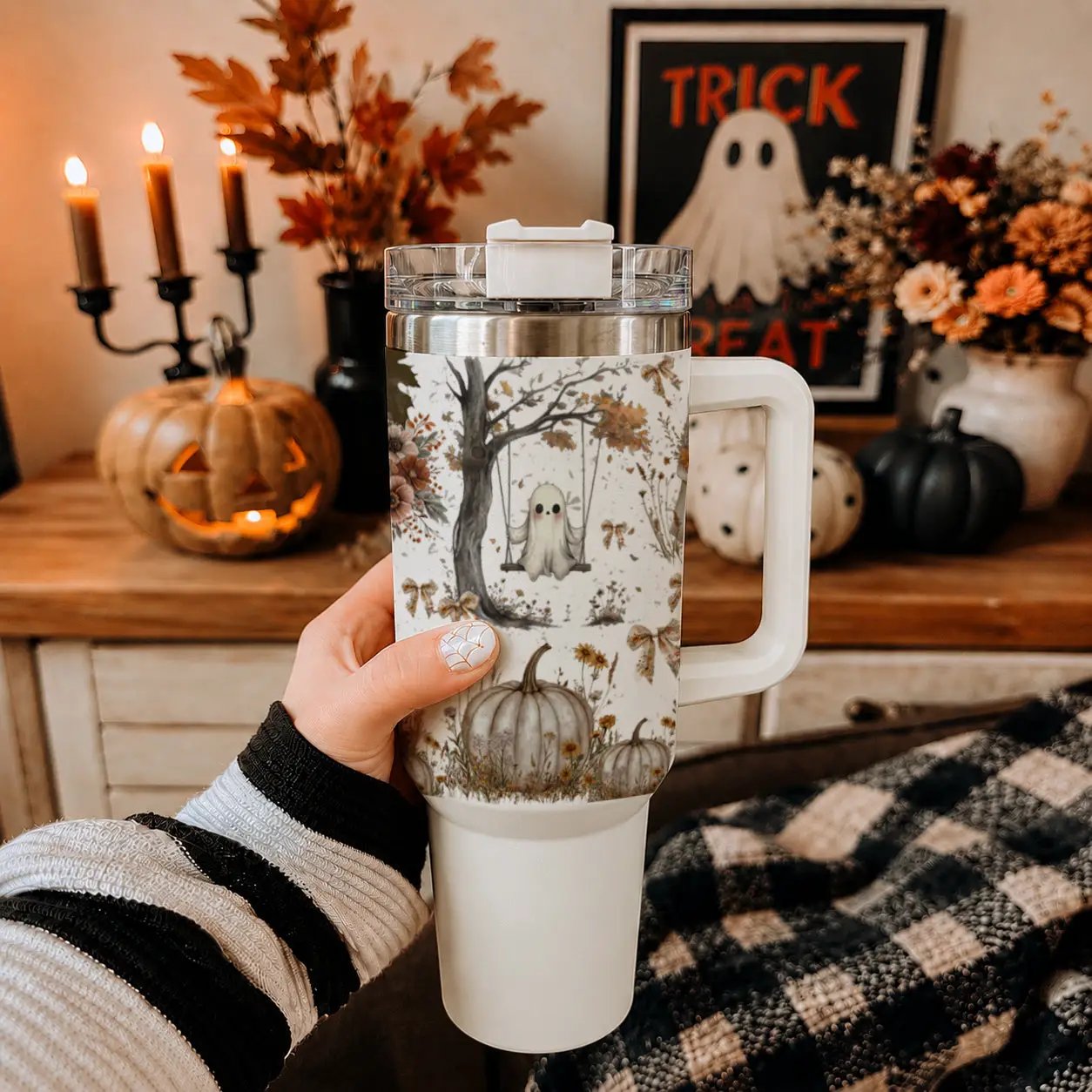 Boho Spooks 40oz Tumbler for Fall Ghosts and Bows