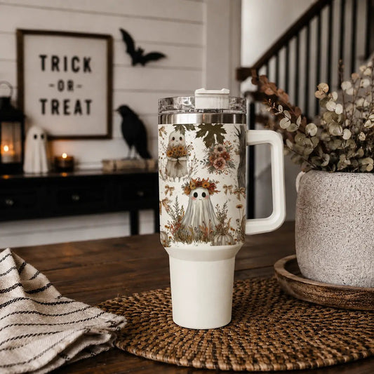 Gia Roma Boho Spooks 40oz travel mug tumbler with white handle and botanical ghost print on Tampa Home & Garden Store